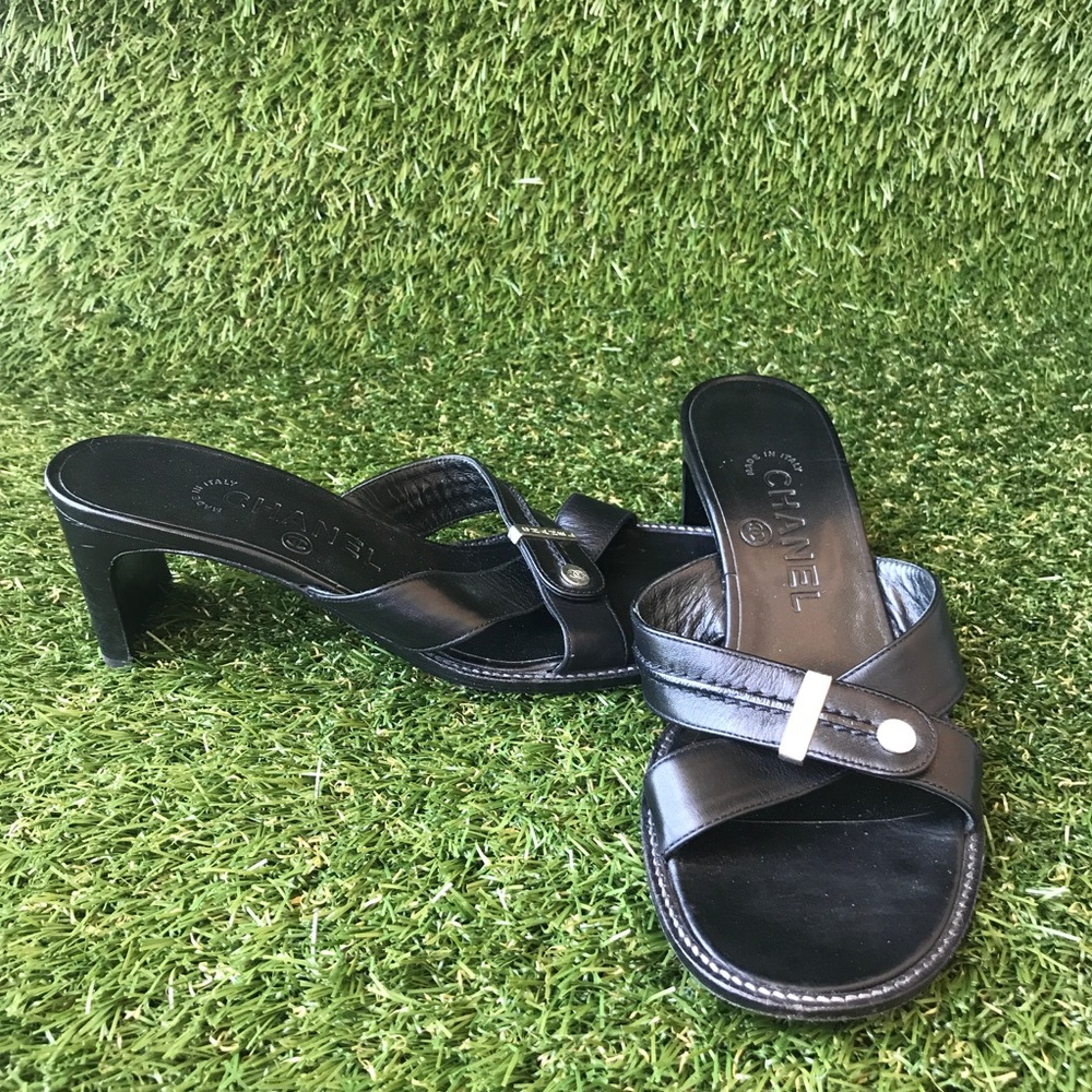 Chanel Vintage Black Leather Heel Sandals Sz 36.5